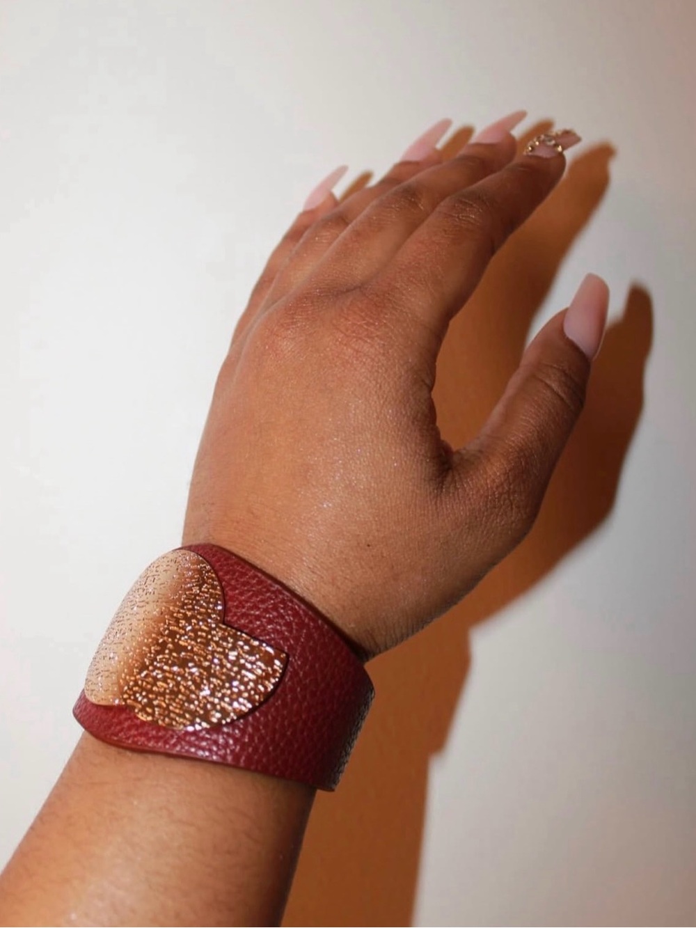 Wide Red Leather Cuff Bracelet with Gold Heart Accent